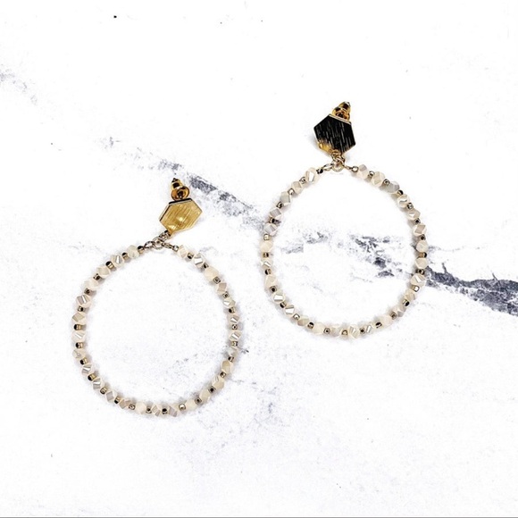 🆕🌿🤍MESTIERE: IVORY Gold Beaded Drop Down Hoop Earrings - Picture 4 of 5